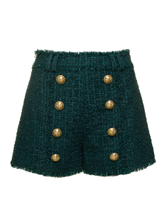 Green Tweed Shorts With Aged-Gold Buttons Wool Blend Woman Polyamide Virgin Cotton And Bermuda