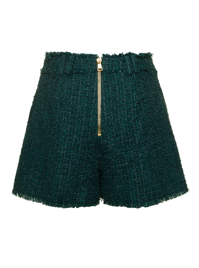 Green Tweed Shorts With Aged-Gold Buttons Wool Blend Woman Polyamide Virgin Cotton And Bermuda