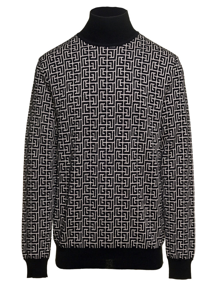 Black And White Sweater With All-Over Monogram Wool Linen Man Polyamide Jersey