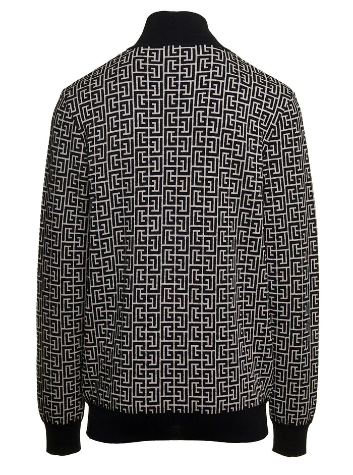 Black And White Sweater With All-Over Monogram Wool Linen Man Polyamide Jersey