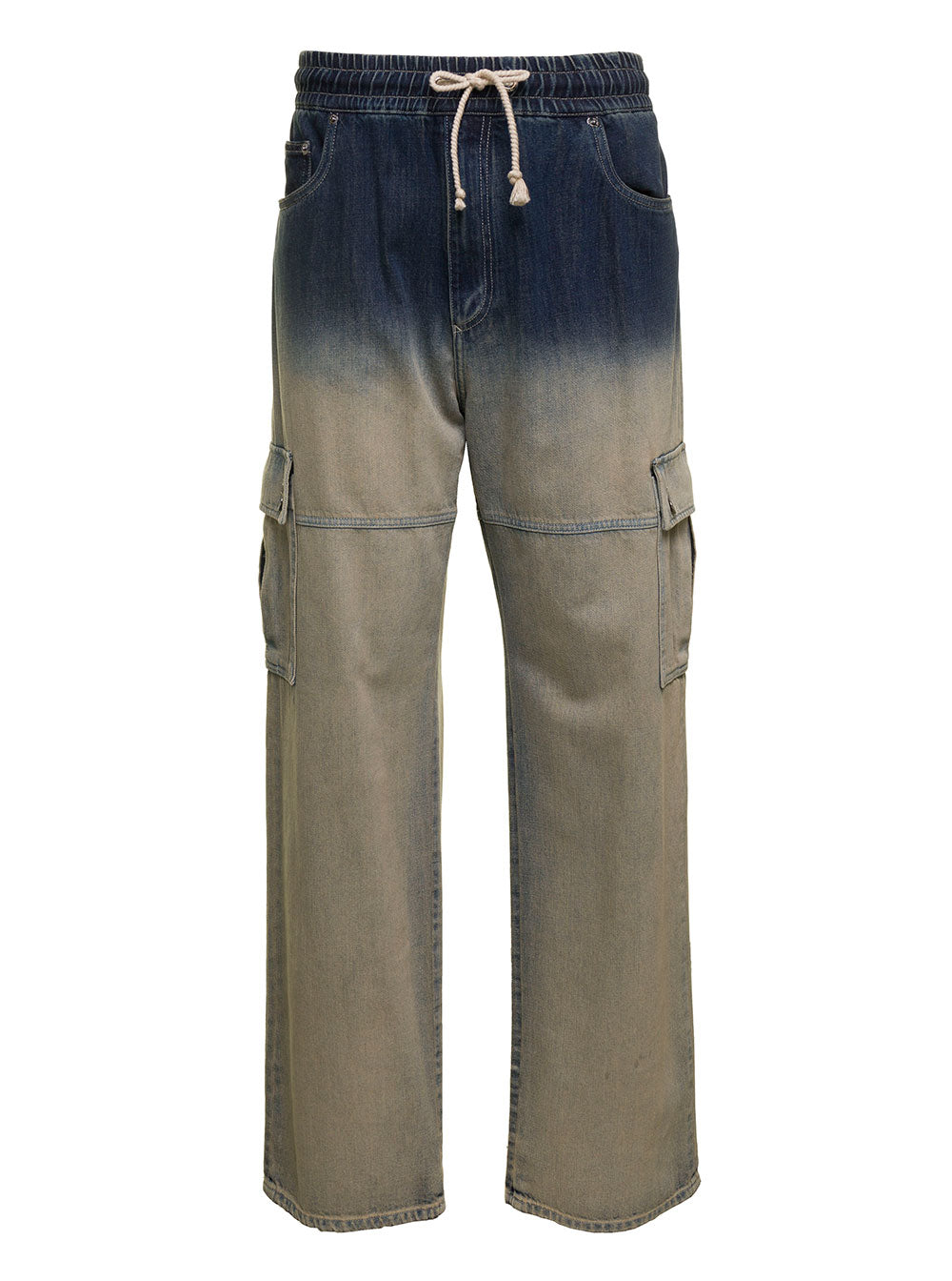 Blue And Beige Cargo Trousers With Logo Plaque Gradient Effect Cotton Denim Man Blu