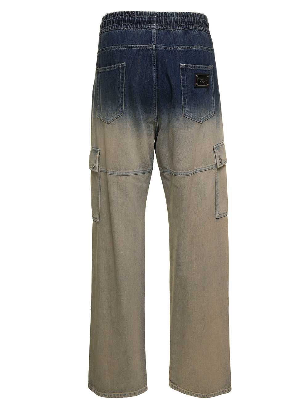 Blue And Beige Cargo Trousers With Logo Plaque Gradient Effect Cotton Denim Man Blu