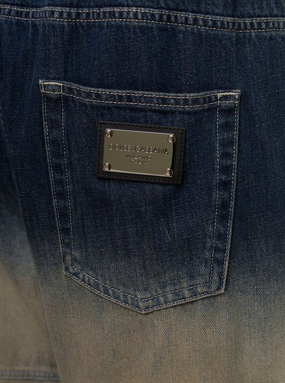 Blue And Beige Cargo Trousers With Logo Plaque Gradient Effect Cotton Denim Man Blu
