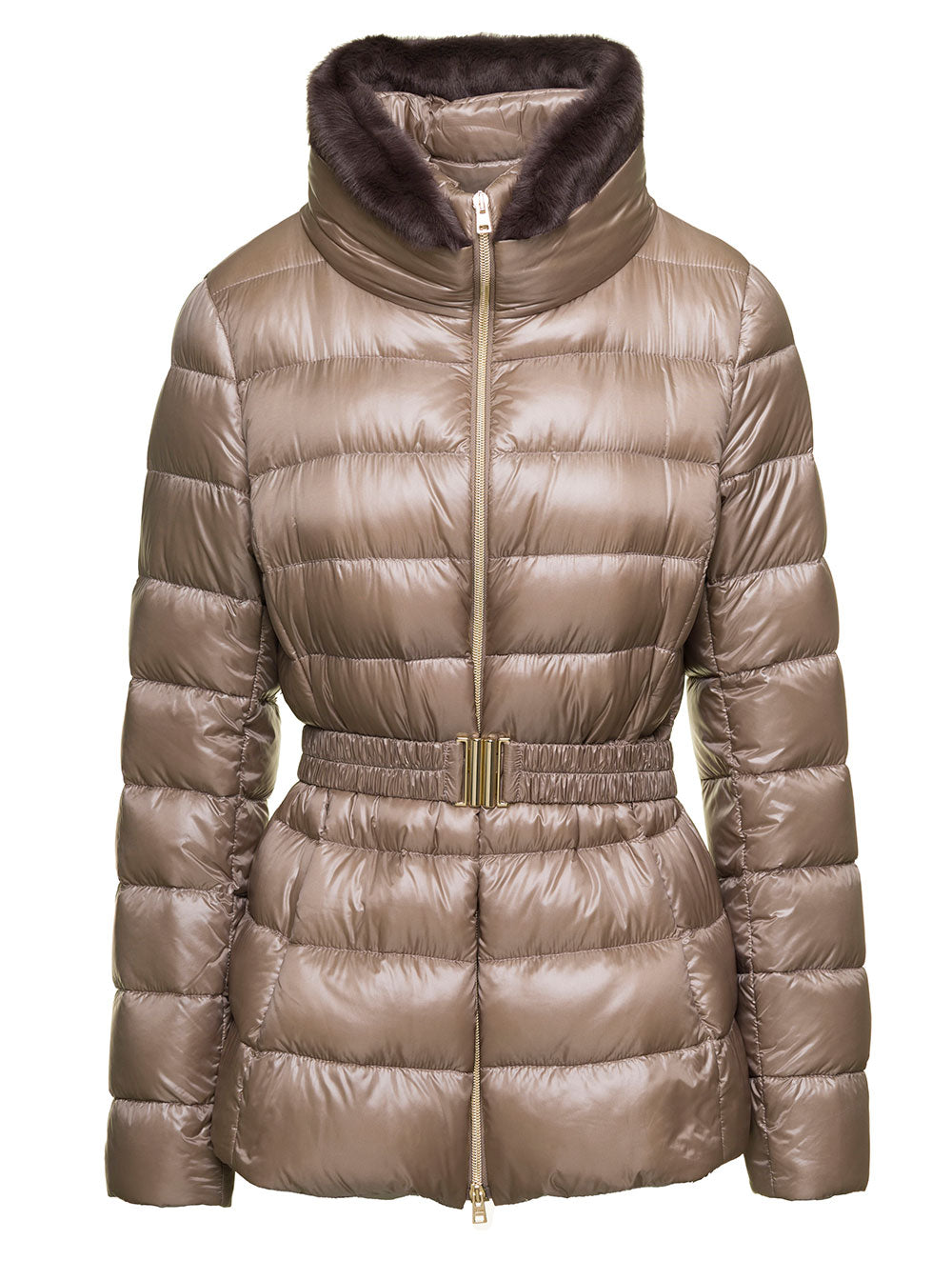Claudia Beige Down Jacket With Fur Trim And Belt Nylon Woman Polyamide