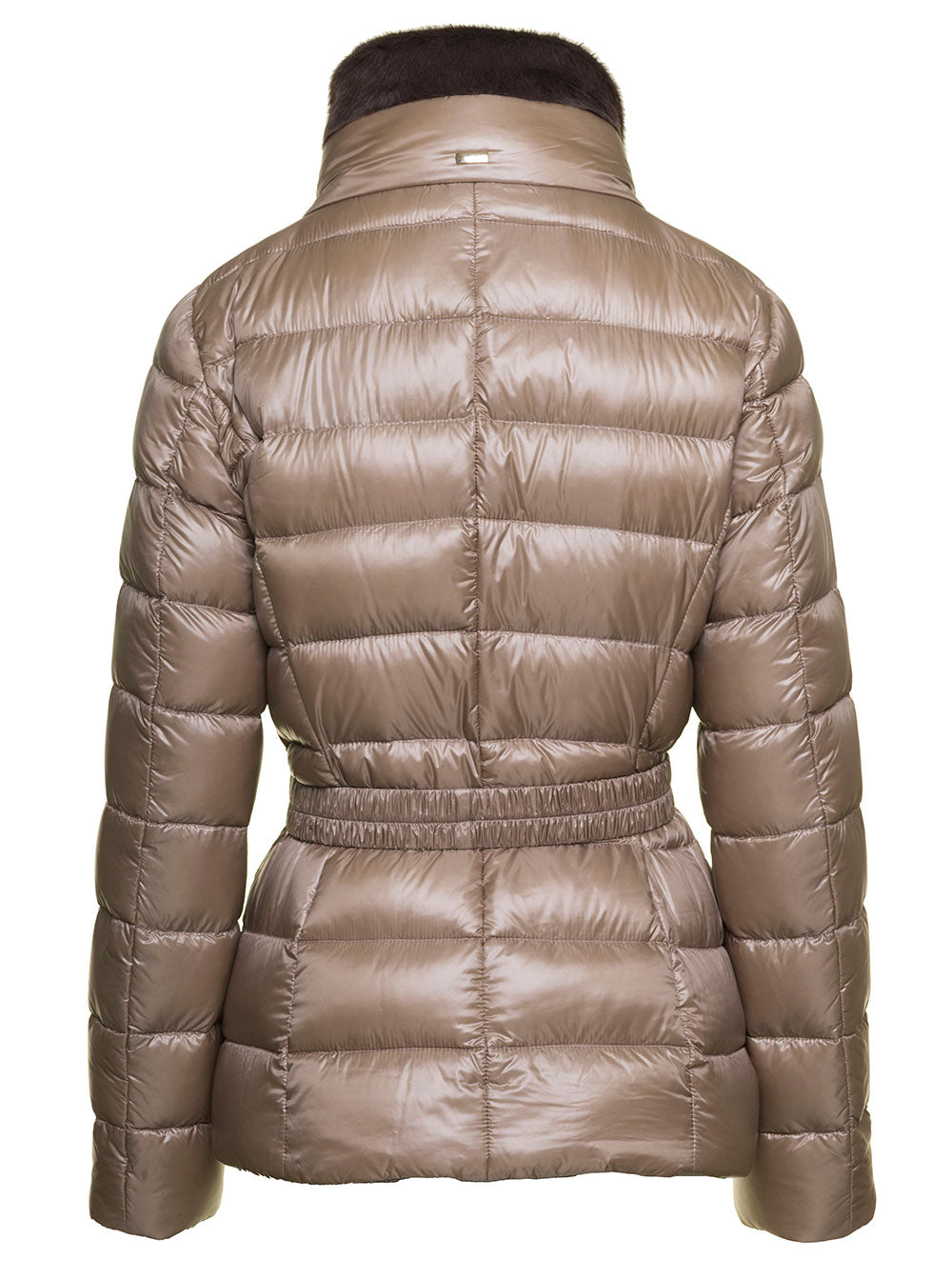 Claudia Beige Down Jacket With Fur Trim And Belt Nylon Woman Polyamide