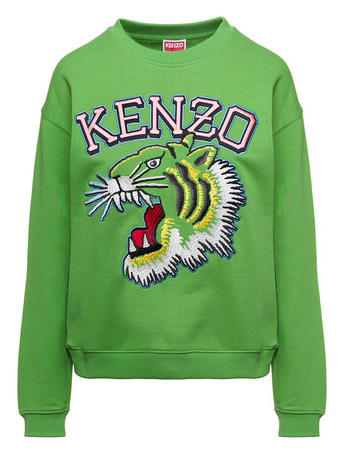 Green Crewneck Sweatshirt With Tiger Print Cotton Woman Sweatshirts