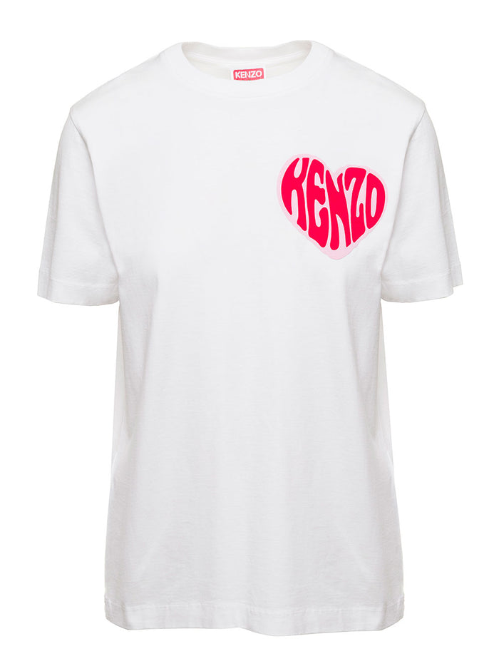 White Crewneck T-Shirt With Heart Logo Print Cotton Woman Tshirts And Polo Shirts