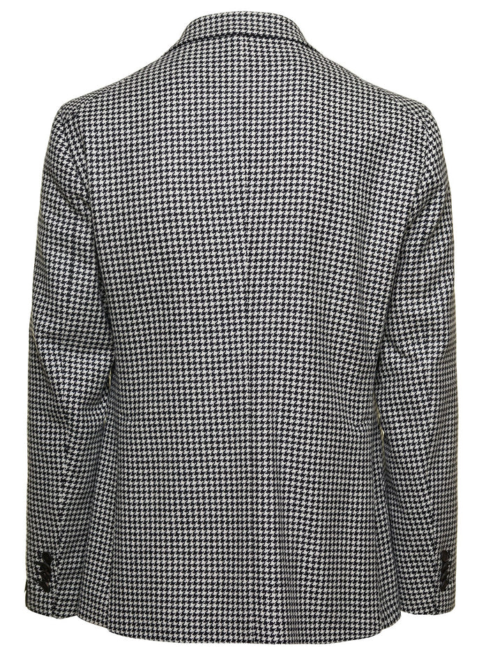Black And White Single-Breasrted Jacket With Pied-Du-Poule Motif Wool Blend Man Grey Virgin Cashmere Blazers