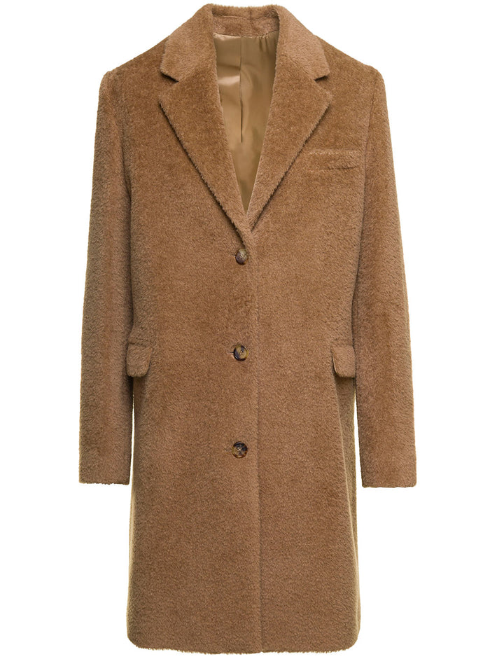 Beige Monochrome Teddy Coat With Pockets Wool Blend Woman Alpaca