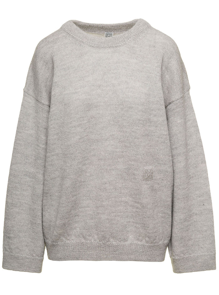 Grey Monochrome Sweater With Side Embroidered Logo Wool Blend Woman Beige Alpaca Organic Jersey
