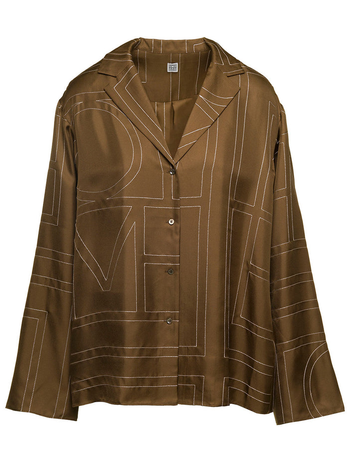 Brown Blouse With All-Over Embroidered Contrasting Logo Silk Woman Shirts And Blouses