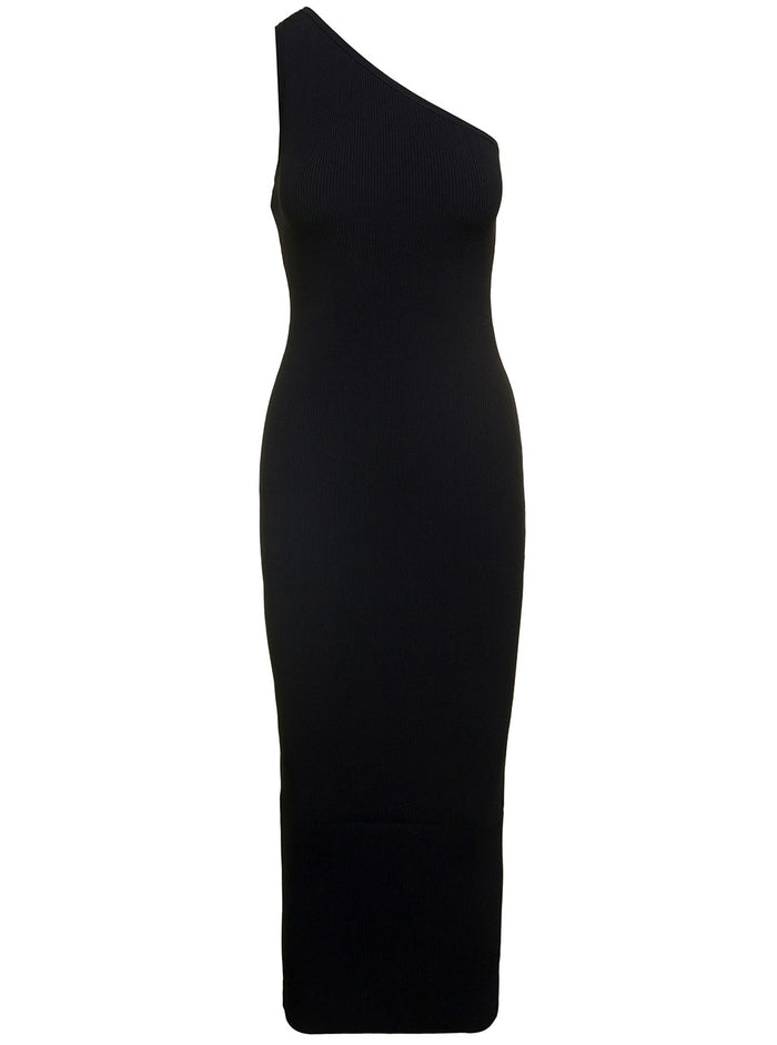 Black Maxi One-Shoulder Ribbed Dress Viscose Woman