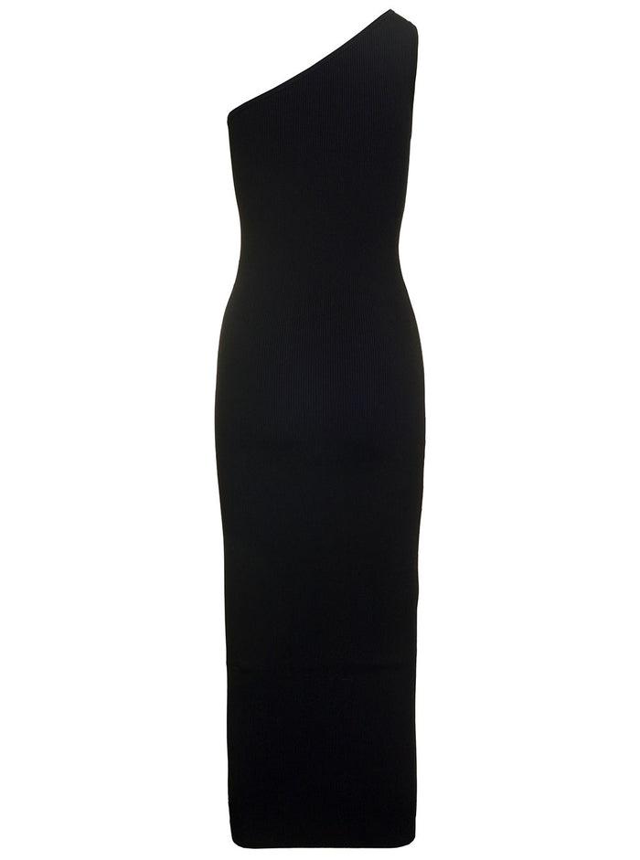 Black Maxi One-Shoulder Ribbed Dress Viscose Woman