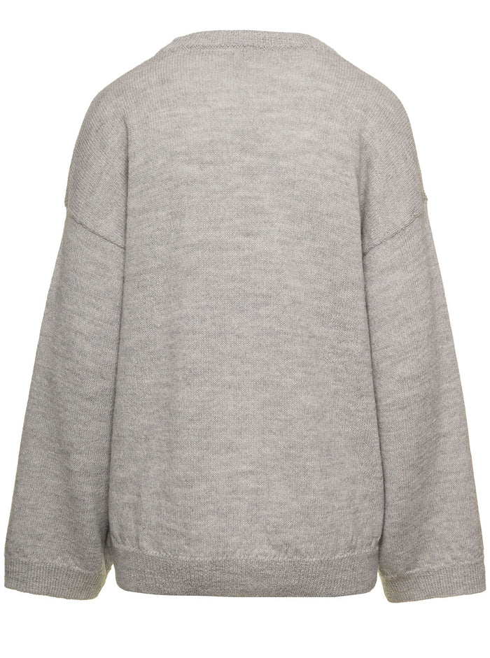 Grey Monochrome Sweater With Side Embroidered Logo Wool Blend Woman Beige Alpaca Organic Jersey