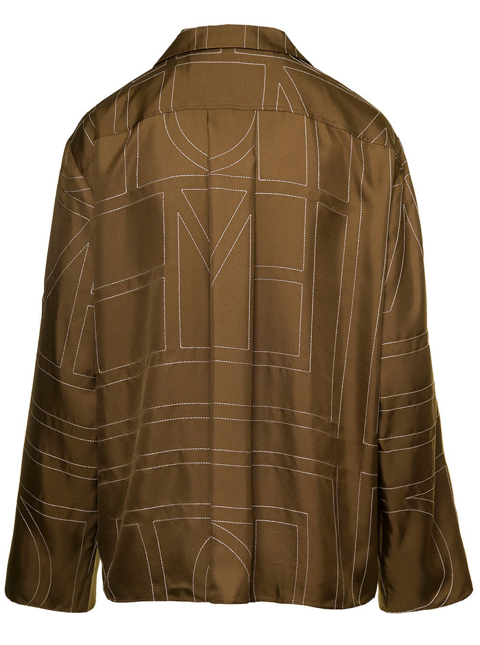 Brown Blouse With All-Over Embroidered Contrasting Logo Silk Woman Shirts And Blouses