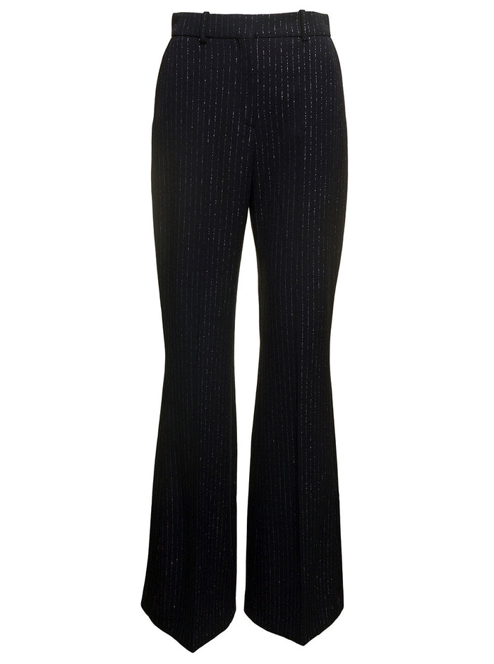Black Striped Flare Pants With Lurex Detail Wool Woman Trousers