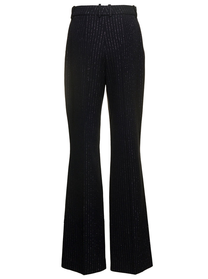 Black Striped Flare Pants With Lurex Detail Wool Woman Trousers