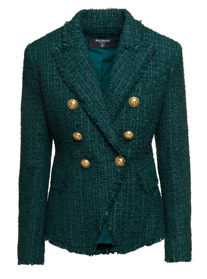 Green Double-Breasted Jacket With Aged-Gold Buttons Tweed Woman Polyamide Virgin Wool Cotton Blazers