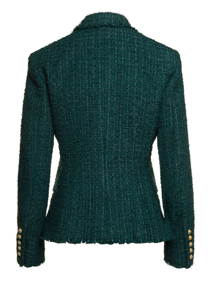 Green Double-Breasted Jacket With Aged-Gold Buttons Tweed Woman Polyamide Virgin Wool Cotton Blazers
