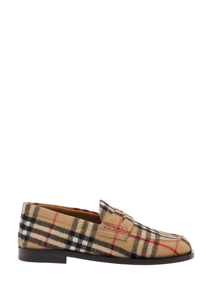 Beige Hackney Loafers With Burberry Check Motif Wool Man Virgin