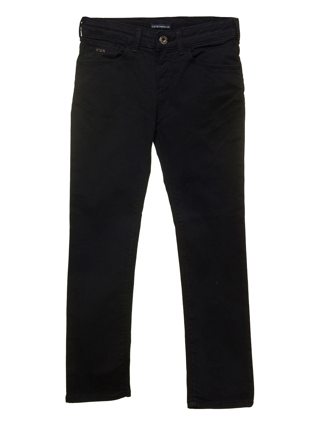 Black Five-Pocket Jeans With Metal Logo Patch Stretch Cotton Denim Boy Elastane Trousers