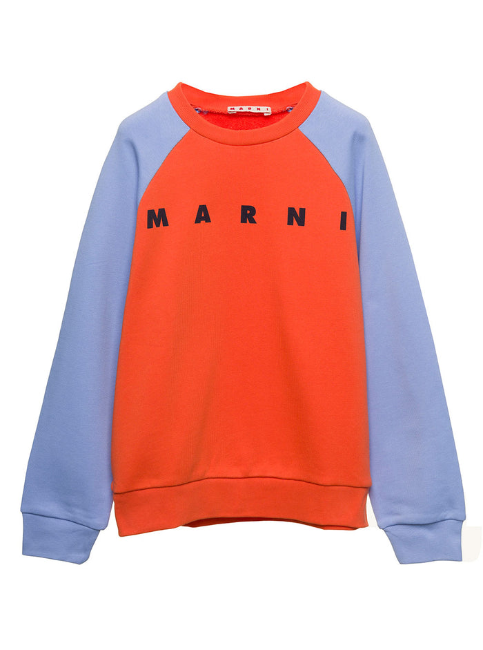 Orange Crewneck Sweatshirt With Contrasting Sleeves And Logo Print Cotton Boy Sweatshirts
