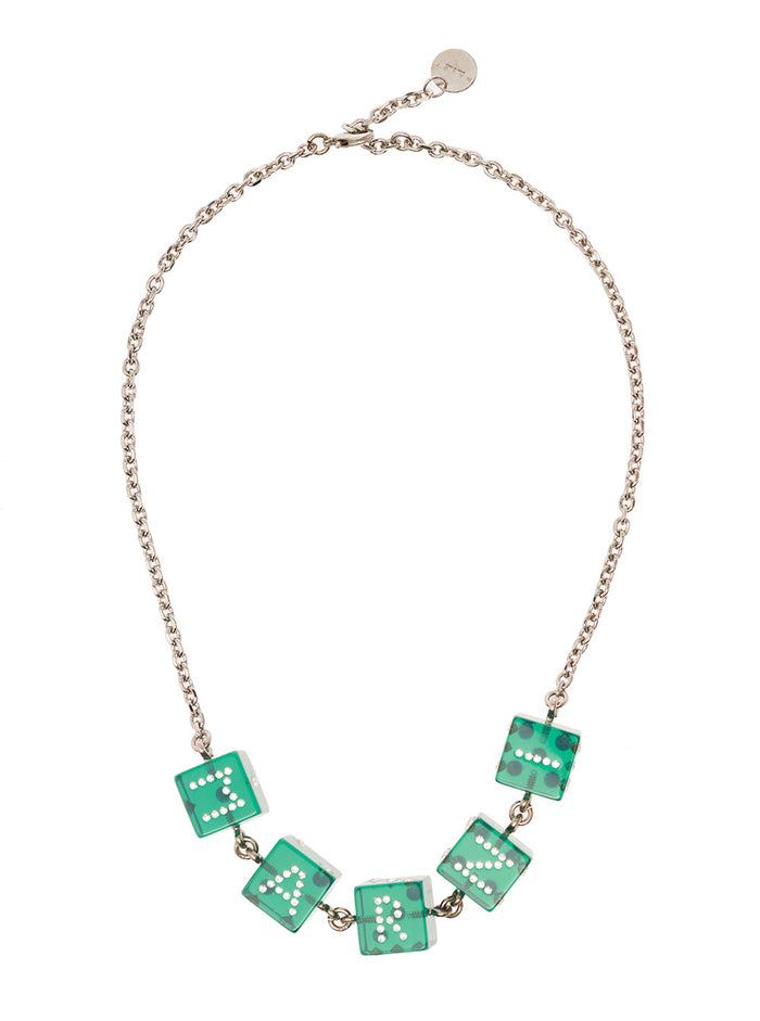 Chain Necklace With Branded Dice-Shaped Charms Green Transparent Resin Woman Crystal Brass Necklaces