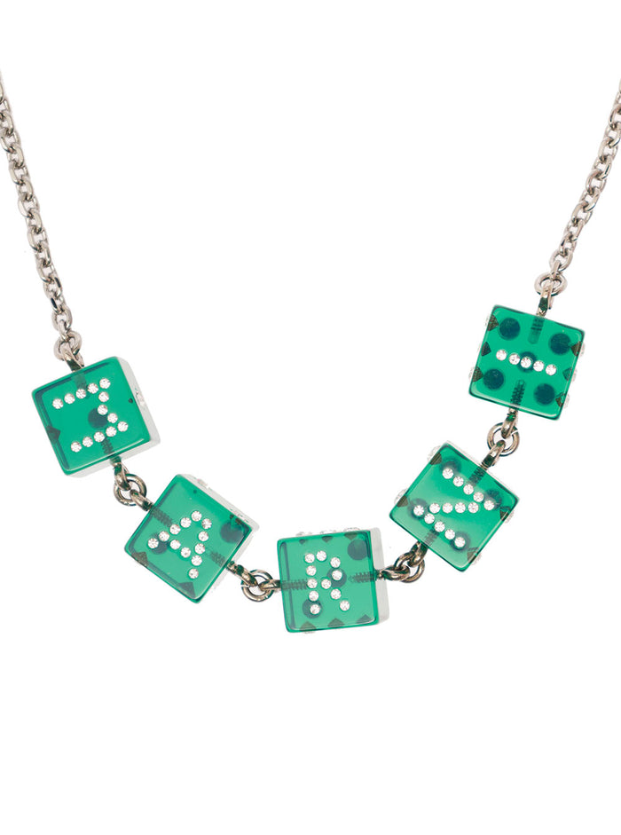 Chain Necklace With Branded Dice-Shaped Charms Green Transparent Resin Woman Crystal Brass Necklaces
