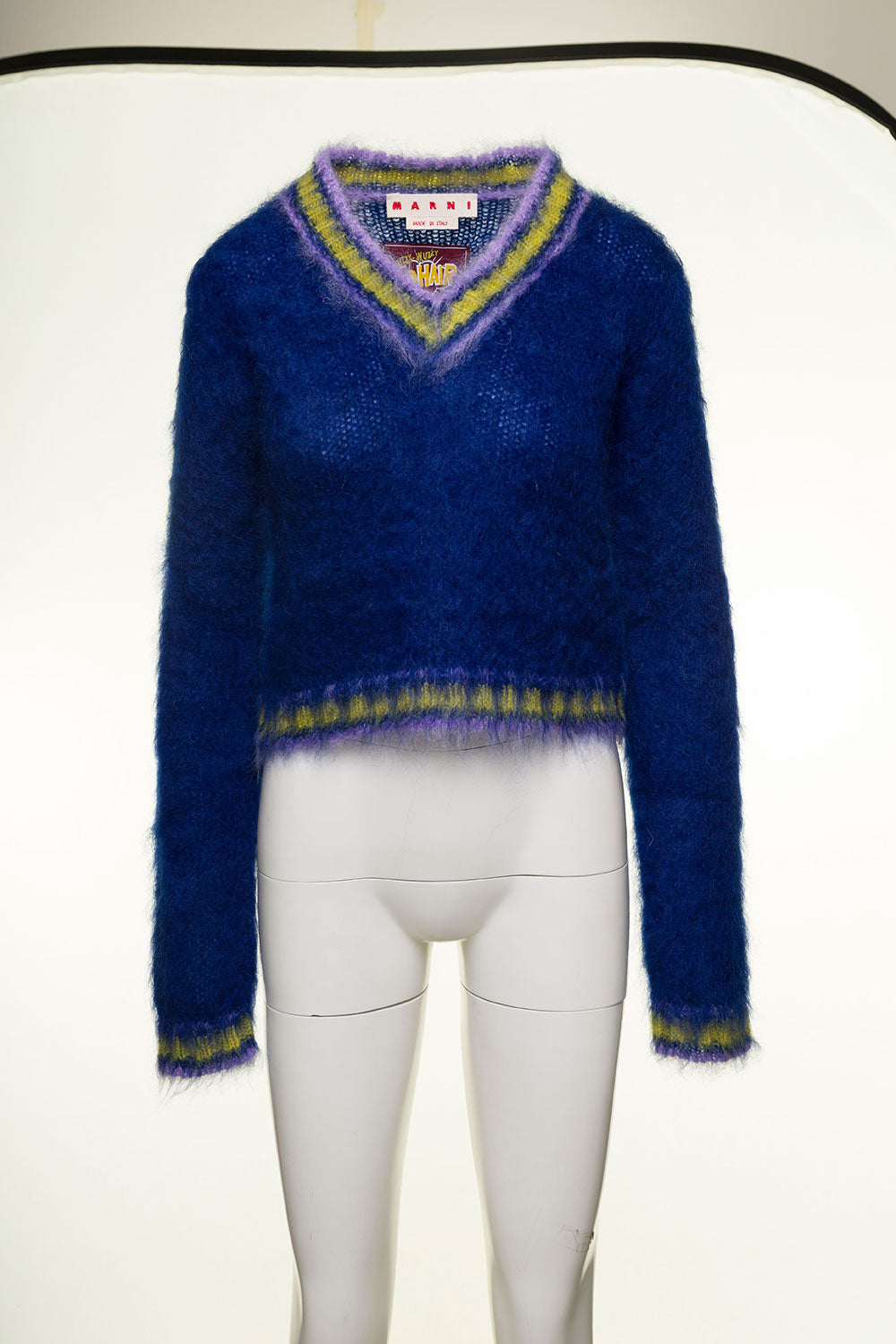 Blue Cropped College Style Sweater With Striped Detail Mohair Woman Blu Knit Polyamide Woven Jersey