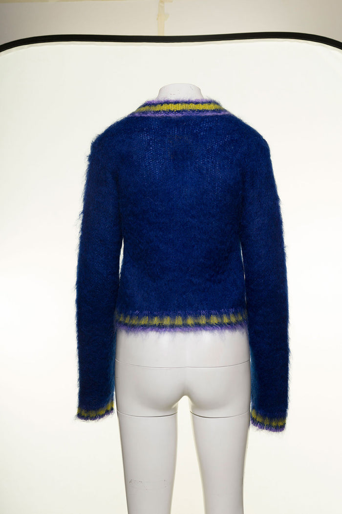 Blue Cropped College Style Sweater With Striped Detail Mohair Woman Blu Knit Polyamide Woven Jersey