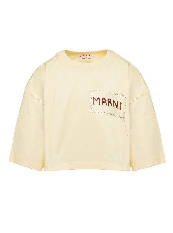 Yellow Cropped T-Shirt With Embroidered Patch Logo On The Chest Cotton Woman Knit Tshirts And Polo Shirts