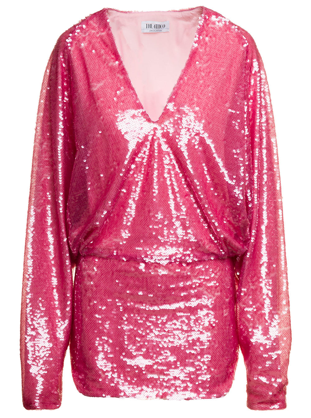 Gael Mini Pink Dress With Long Sleeves And All-Over Paillettes Embroidery Fabric Woman Fuxia Polyester