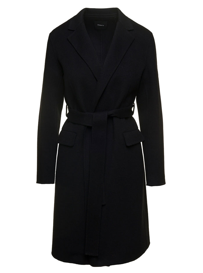 Black Belted Coat With Flap Pockets Wool And Cashmere Woman