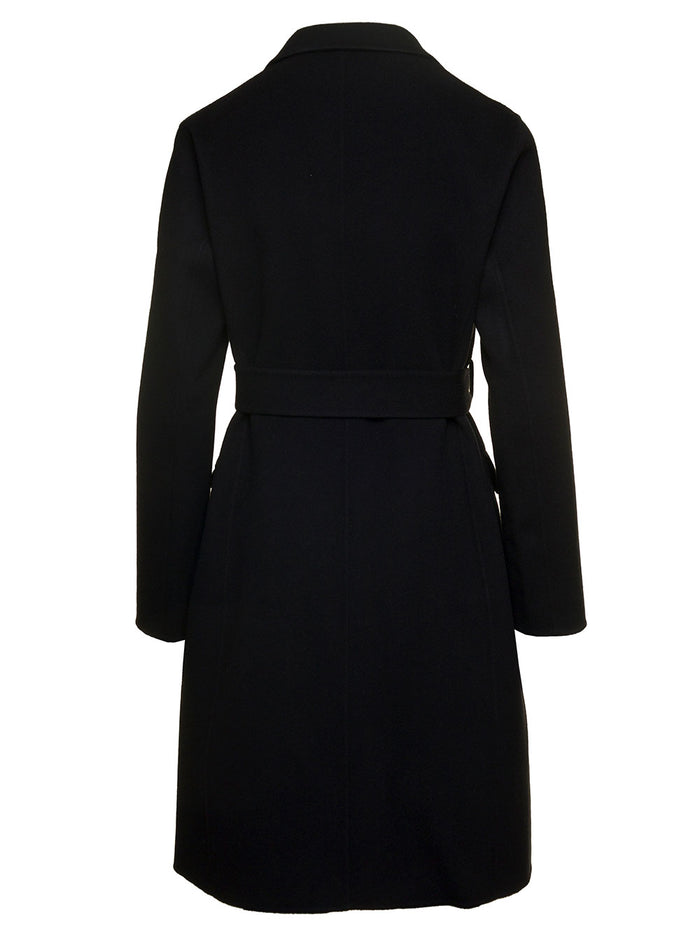 Black Belted Coat With Flap Pockets Wool And Cashmere Woman