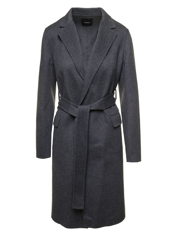 Grey Belted Coat With Flap Pockets Wool And Cashmere Woman