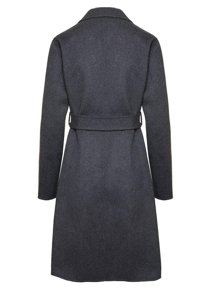 Grey Belted Coat With Flap Pockets Wool And Cashmere Woman