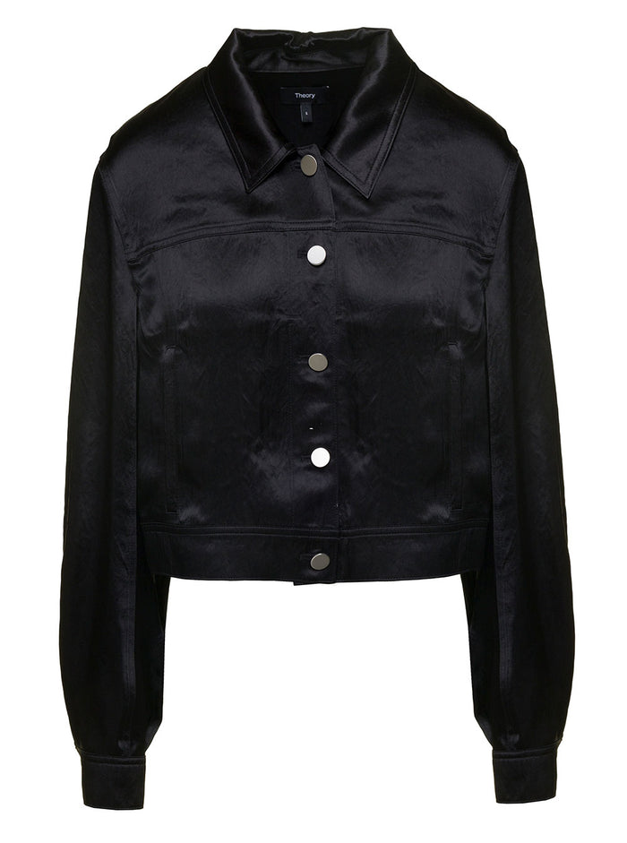 Black Cropped Shirt With Buttons Satin Fabric Woman Acetate And Blouses