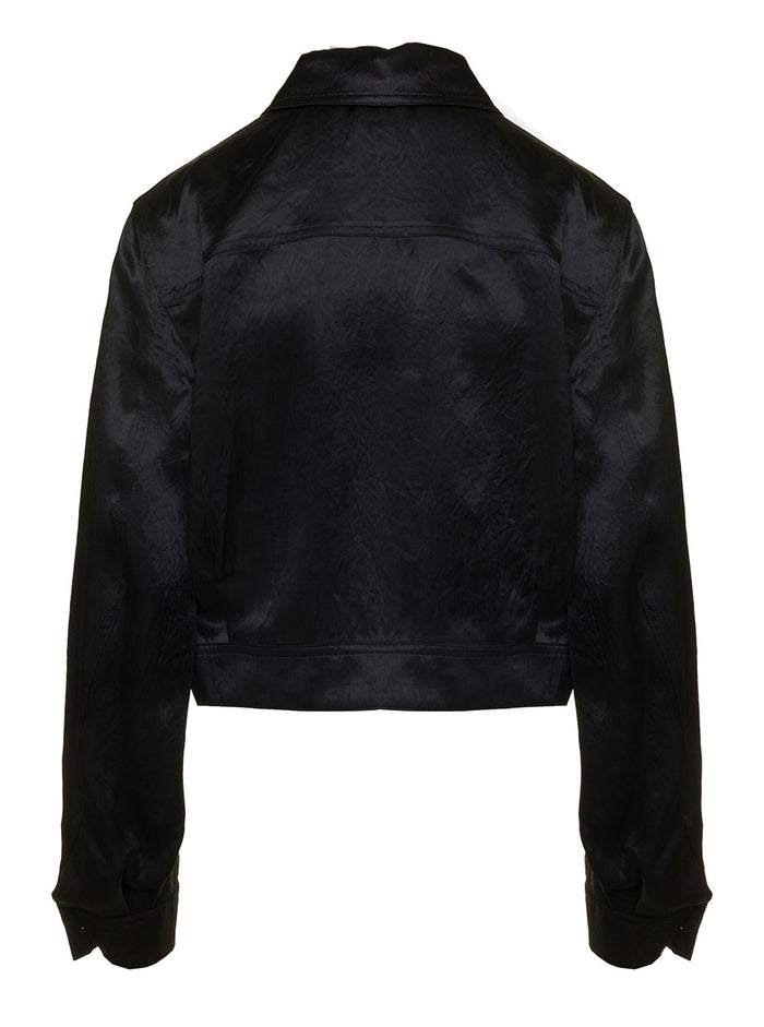 Black Cropped Shirt With Buttons Satin Fabric Woman Acetate And Blouses