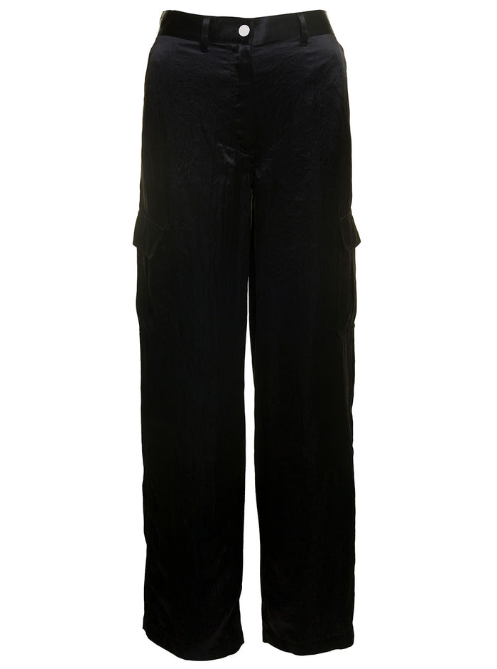 Black Wide Leg Cargo Pants Satin Fabric Woman Acetate Trousers