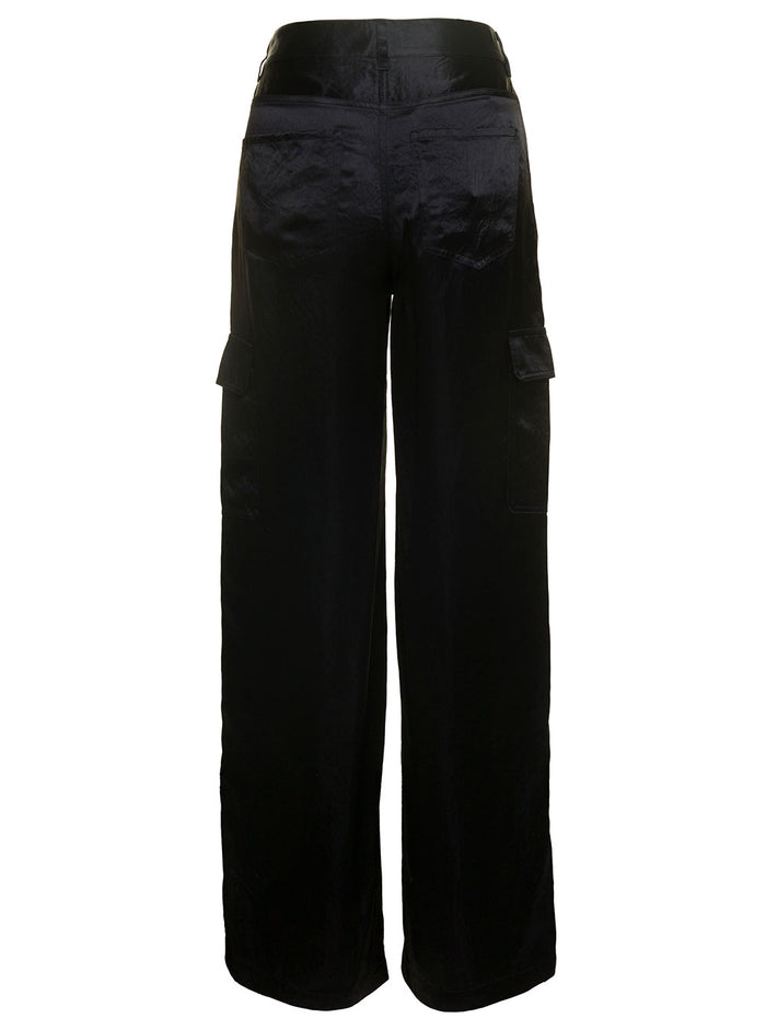 Black Wide Leg Cargo Pants Satin Fabric Woman Acetate Trousers