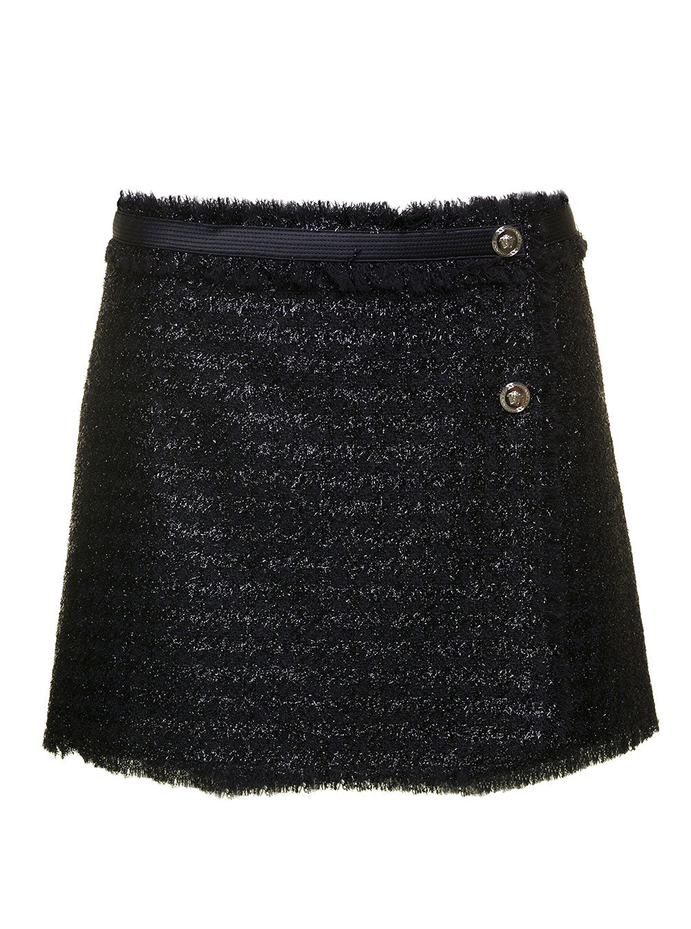 Black Mini Lurex Skirt With Silver-Tone Hardware Wool Blend Woman