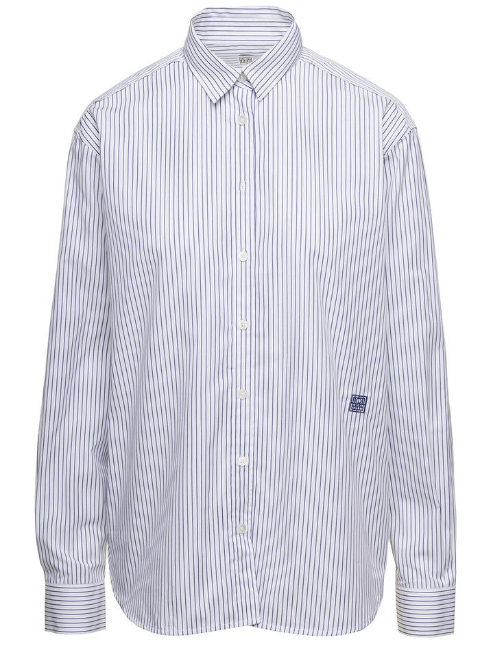 Oversize Blue And White Shirt With Logo Embroidery Cotton Blend Woman Blu Organic Lyocell Blouses