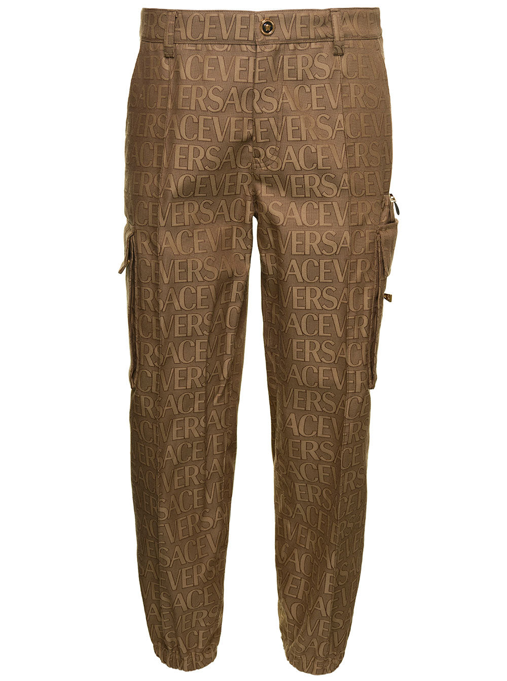 Brown Cargo Pants With All-Over Logo Print Cotton Man Beige Polyester Trousers