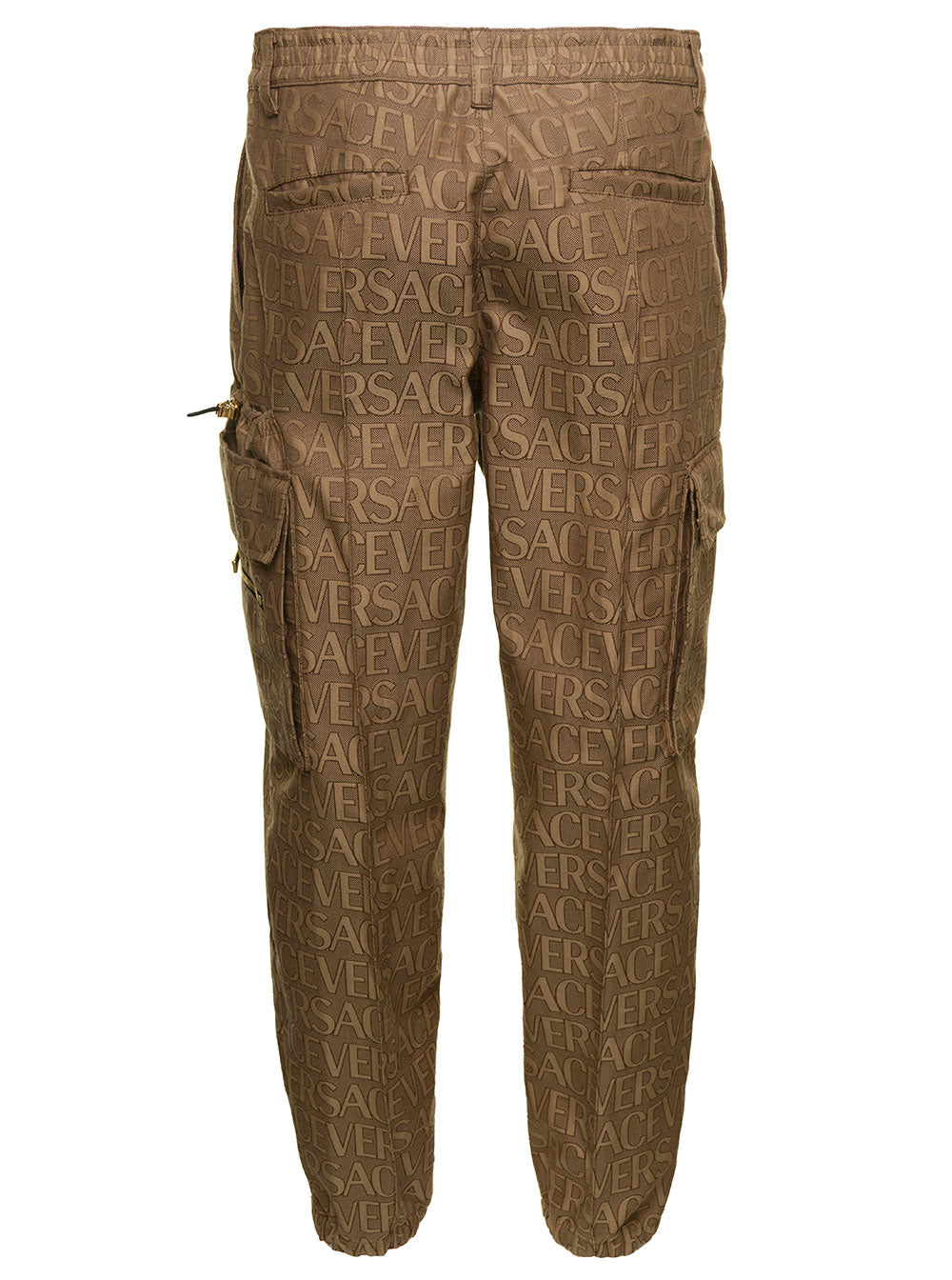 Brown Cargo Pants With All-Over Logo Print Cotton Man Beige Polyester Trousers