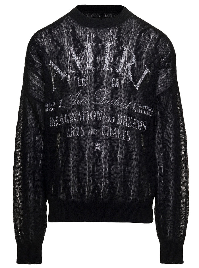Black Semi-Sheer Knit Sweater With Arts District Logo Print Wool And Alpaca Blend Man Mohair Polyamide Jersey