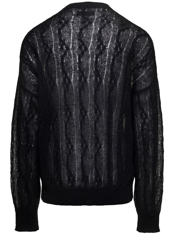Black Semi-Sheer Knit Sweater With Arts District Logo Print Wool And Alpaca Blend Man Mohair Polyamide Jersey