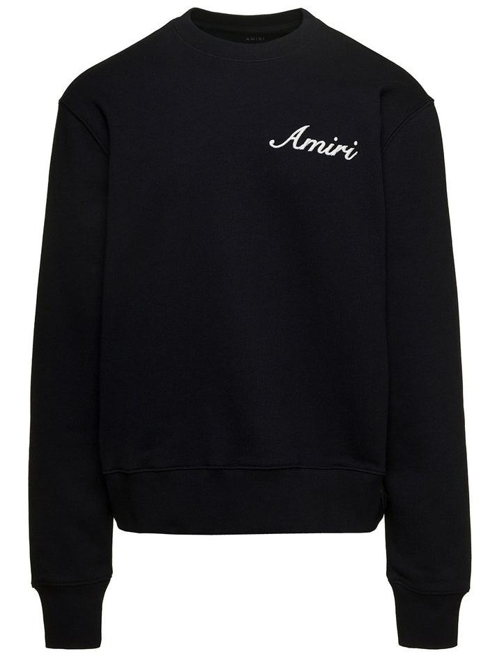Black Crewneck Sweatshirt With Contrasting Logo Embroidery Cotton Man Sweatshirts