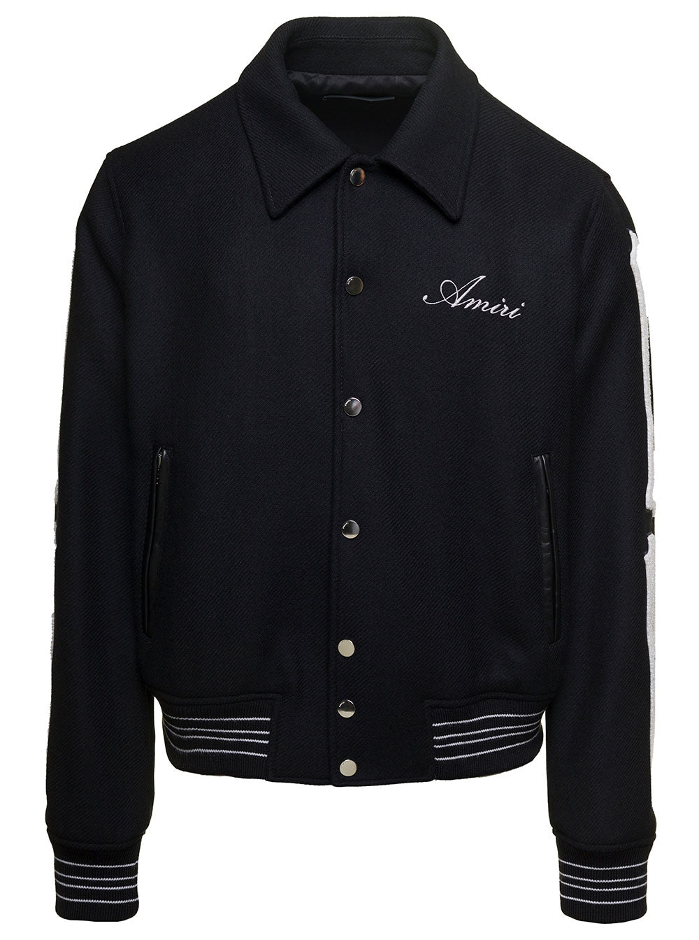 Black Varsity Jacket With Logo Embroidery And Striped Trim Wool Man