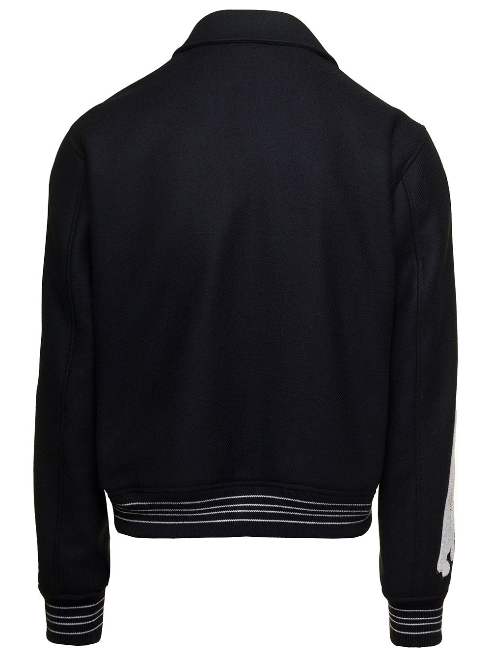 Black Varsity Jacket With Logo Embroidery And Striped Trim Wool Man