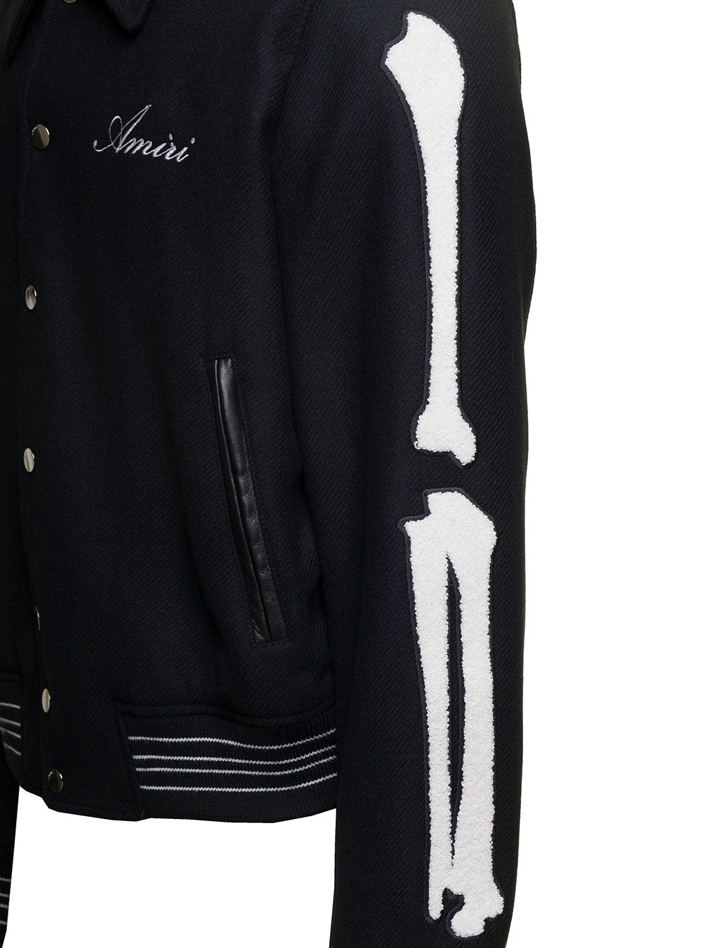 Black Varsity Jacket With Logo Embroidery And Striped Trim Wool Man